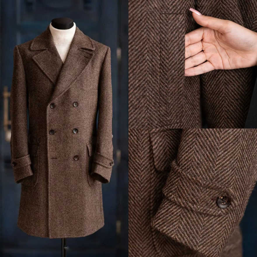 Men Formal Wear Modern - Modern Men Herringbone Overcoat 1 Piece
