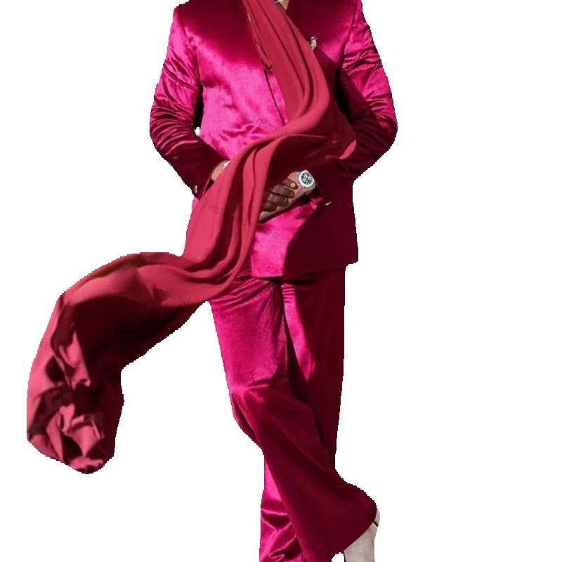 Pink Satin Men Suit Set 2 Piec - Men Formal Wear With Scarf ulasan dan harga