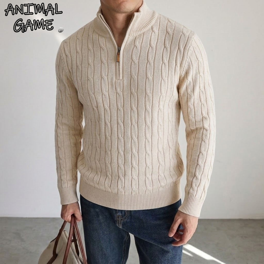New Men's Cable Knit Half Zip  - Wool Suit Jacket ulasan dan harga