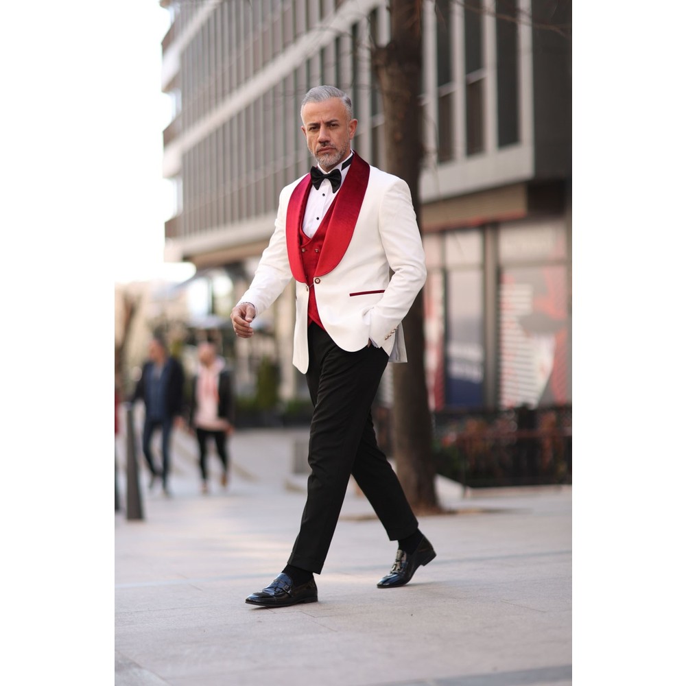 Red White Men Wedding Tuxedos  - Men Formal Wear Modern ulasan dan harga