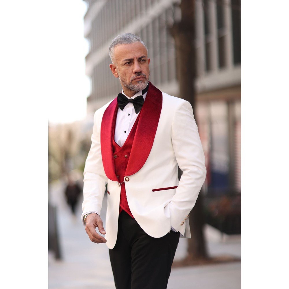 Red White Men Wedding Tuxedos  - Men Formal Wear Modern ulasan dan harga
