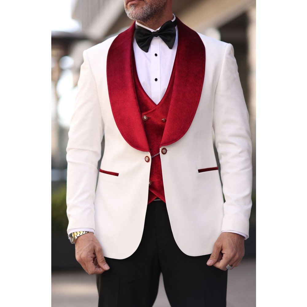 Red White Men Wedding Tuxedos  - Men Formal Wear Modern ulasan dan harga